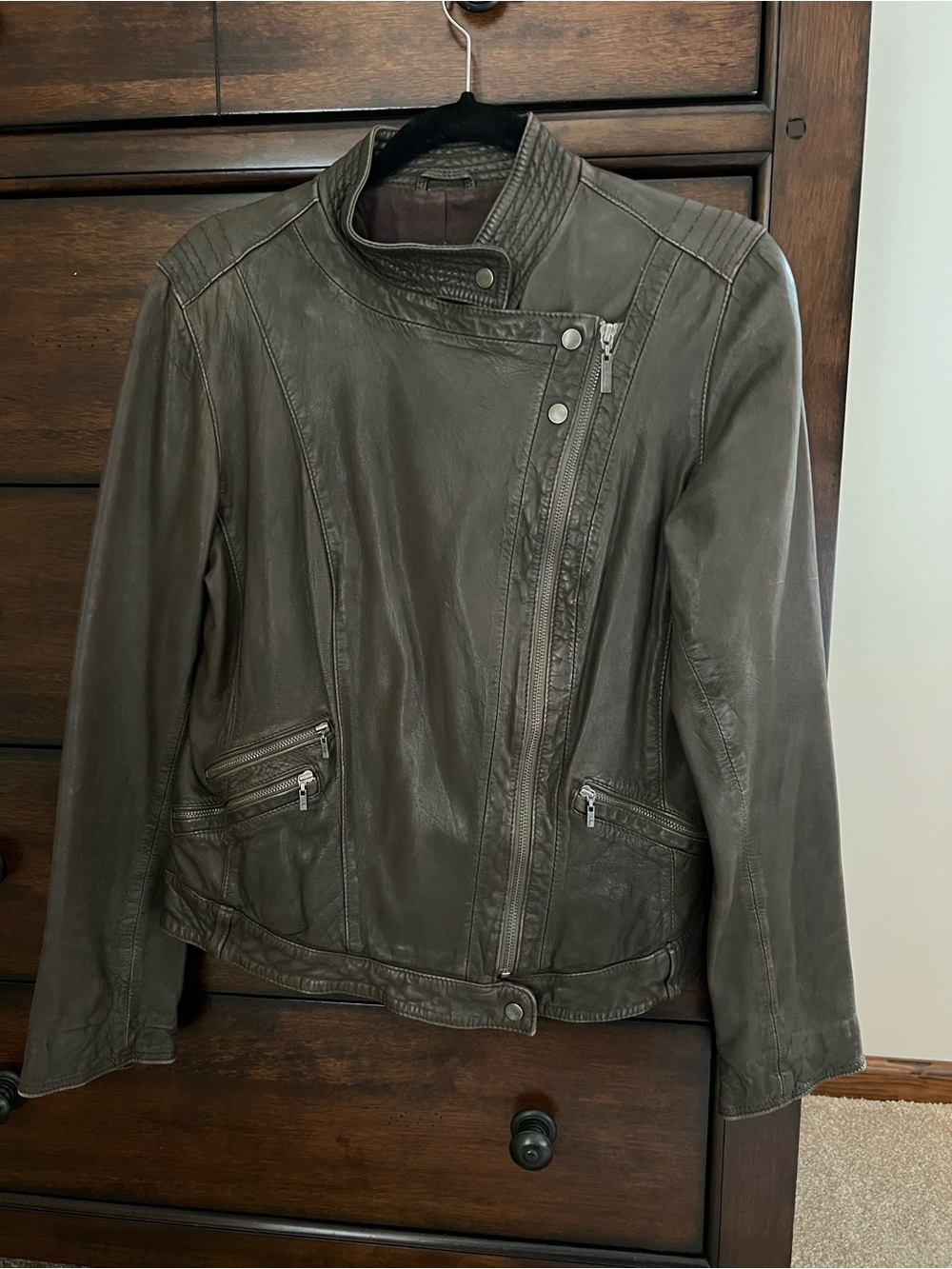 Cole Haan Olive Leather Asymmetrical Zip Jacket